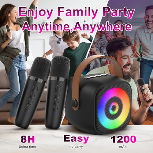 Mini Karaoke Machine, Portable Bluetooth Karaoke Speaker with 2 Wireless Mics for Kids and Adults, Birthday Gifts for Girls and Boys 3-12+ Years Old Birthday Party Home Black