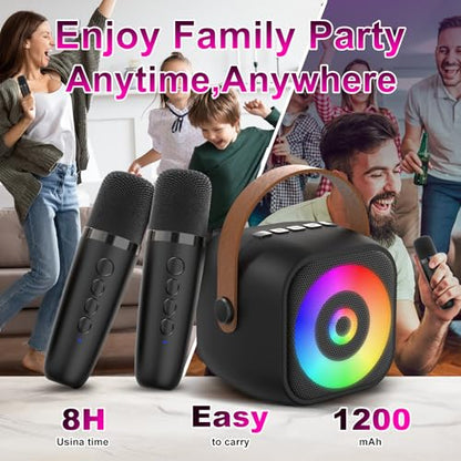 Mini Karaoke Machine, Portable Bluetooth Karaoke Speaker with 2 Wireless Mics for Kids and Adults, Birthday Gifts for Girls and Boys 3-12+ Years Old Birthday Party Home Black