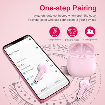 Wireless Earbuds, Bluetooth 5.4 Earbuds Stereo Bass, Bluetooth Headphones | in Ear Noise Cancelling Mic, Earphones IP7 Waterproof Sports, 32H Playtime USB C Charging Case Pink Ear Buds for Android iOS - color: Deep Pink