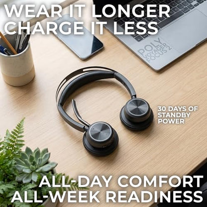 Poly Plantronics Voyager Focus 2 UC, Stereo Bluetooth Headset with Charging Stand, USB C, with USB C to USB A Adapter, Compatible with Teams, Zoom, Connects to Laptop,PC/Mac, Smartphone - GTW Cloth - color: Stand-USB C, style: Focus 2-UC