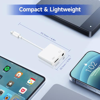 [Apple MFi Certified] 2-in-1 Charging & Audio Adapter for iPhone, Lightning to 3.5mm Headphone Jack Dongle Splitter, Supports Hi-Res Lossless Sound, Compatible with iPhone 14/13/12/11/XS/XR/8/7 1Pack - color: White