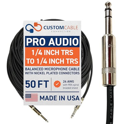 50 Foot Pro Audio REAN 1/4 inch (6.35mm) TRS to REAN 1/4 inch (6.35mm) TRS Balanced Cable with Rean NYS228 Nickel Plated connectors by Custom Cable Connection - size: 50 Foot, style: Male to Male (Nickel)