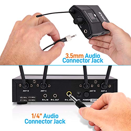 Pyle Portable UHF Wireless Microphone System - Battery Operated Four Bluetooth Cordless Microphone Set with 50 Channels Selectable Frequency, Receiver Base, AUX, for PA Karaoke DJ Party -PDWM4122