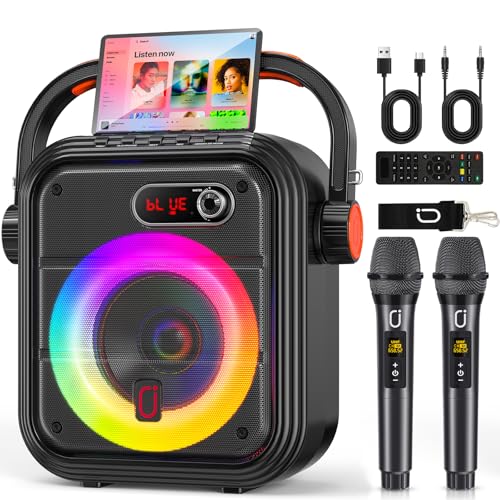 JYX Karaoke Machine with 2 Wireless Microphones, Portable Bluetooth Speaker PA System with Shoulder Strap, RGB Lights, Subwoofer Support TWS, USB, Radio, AUX, REC, Bass&Treble for Home Party/Adults - color: Glossy Black