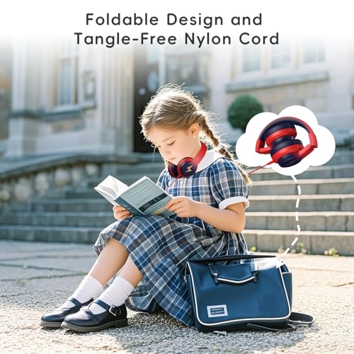 Candy Bila Wired Kids Headphones for School, Over-Ear for Boys Girls | Volume Limiter 85/94dB, HD Stereo Sound, Microphone and Wired Control,Foldable Design, Gradient red to dark blue - color: Gradient Red to Dark Blue