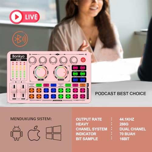 F999 Pink Live Streaming Sound Card, Professional Audio Mixer, Voice Changer Soundboard with Audio Interface, Bluetooth, Noise Reduction, DJ Mixer Board for Live/Podcasting/Gaming - color: Pink