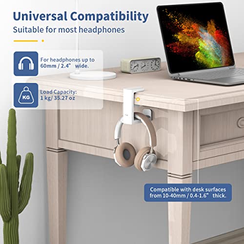 KIWIFOTOS Headphone Stand Holder Under Desk, PC Gaming Headset Hook Hanger Mount with 360 Adjustable Rotating Arm Clamp & Built in Cable Clip - White | Fits 0.4-1.6" desks, 2.4" headbands. 360° arm swivels. Built-in cable clip. Soft silicone pad. White. L
