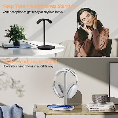 Hiwe Headphone Stand with Wireless Charger, Gaming Headset Holder for Desk | 2 in 1 Charging Station for iPhone, Samsung, AirPods and Desk All Headphones, Aluminum Support Rod, Heavy Base Stand, White - color: White
