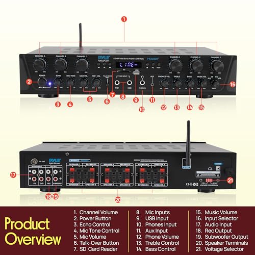 Pyle Wireless Home Audio Amplifier System - Bluetooth Compatible 6 Channel Stereo Receiver, 600W Max Power, Simple Karaoke with Dual Mic Inputs with Tone Control, PA with Talk Over - PTA66BT.6