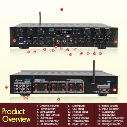 Pyle Wireless Home Audio Amplifier System - Bluetooth Compatible 6 Channel Stereo Receiver, 600W Max Power, Simple Karaoke with Dual Mic Inputs with Tone Control, PA with Talk Over - PTA66BT.6