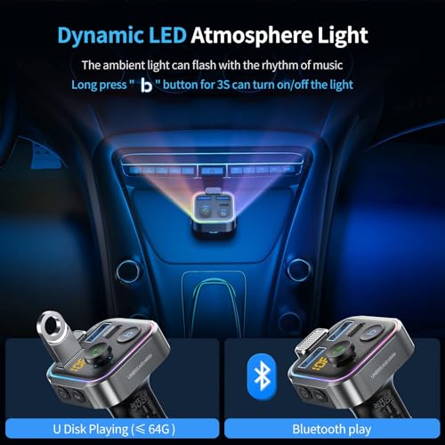 UNBREAKcable Bluetooth FM Transmitter for Car, PD 38W Fast Charging, Wireless Bluetooth FM Radio Adapter, Car Kit with Hands-Free Calls, HiFi Bass Boost MP3 Music Player Support USB Drive - color: Grey