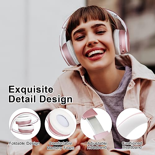JOMILIN B9 Bluetooth Headphones Over-Ear, 3 EQ Music Modes and 50H Playtime Wireless Headphones with Mic, Hi-fi Stereo Lightweight Folding Headset, Volume Control for Travel Tablet PC (Rose Gold) - color: Rose Gold