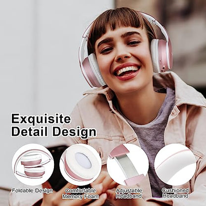 JOMILIN B9 Bluetooth Headphones Over-Ear, 3 EQ Music Modes and 50H Playtime Wireless Headphones with Mic, Hi-fi Stereo Lightweight Folding Headset, Volume Control for Travel Tablet PC (Rose Gold) - color: Rose Gold