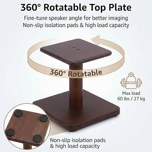 Desktop Speaker Stands Made of Pure Solid Wood, Natural Style, 360° Rotatable Top Plate, Suitable for Medium/Large Tabletop Speakers and Studio Monitors (WalnutBrown Finish_DSS7(7 inch))