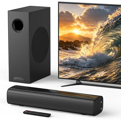 Sound Bar with Wired Subwoofer for TV, 70W 2.1 Channel Soundbar | 14" Compact Design, Deep Bass, Surround Sound System, Bluetooth 5.3, Optical/AUX, Home Theater System for TV, PC & Gaming