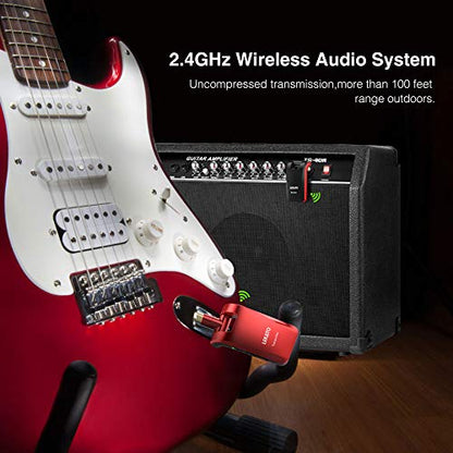 LEKATO 2.4GHz Wireless Guitar System - 6 Channels Rechargeable Wireless Transmitter & Receiver for Guitar & Bass, Stereo & Mono 1/4' & 1/8' 2 in 1 Plugs (Black & Red) - color: red