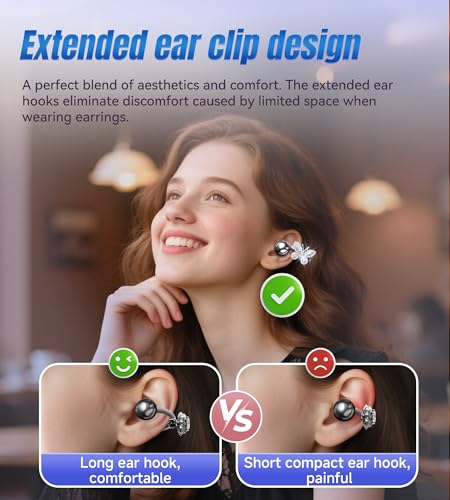 King Lucky Open Ear Earbuds Clip on Wireless Bluetooth 5.4 Headphones with Mic,50H Play,ENC Call,Waterproof,Jewelry Ear Buds,Comfortable for Small Ears&Glasses Wearers,Workouts (03-Black) - color: 03-Black