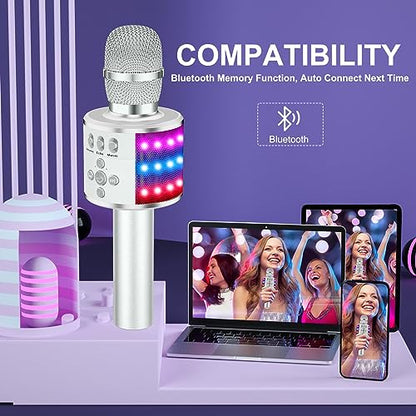 BONAOK Karaoke Microphone for Kids & Adults - Bluetooth Microphones Singing Mic with Disco Lights, Echo Effect, Built-in Speaker Portable Karaoke Player for Party Travel Gifts Q78(Silver) - color: Silver