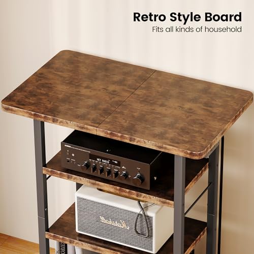 Homeiju 4-Tier AV Media Stand with Power Outlet, Wooden Record Player Stand, Entertainment Center with Storage Shelves, Stereo Stand DVD Stand for Bedroom, Living Room, Brown