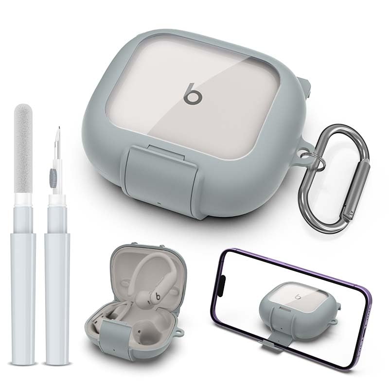Protective Cover for Beats Powerbeats Pro 2 Case with Secure Lock & Phone Stand, Shockpoof Protection Clear Case Compatible with Beats Powerbeats Pro2 Earbuds with Cleaner Kit & Keychain (Grey) - color: Grey
