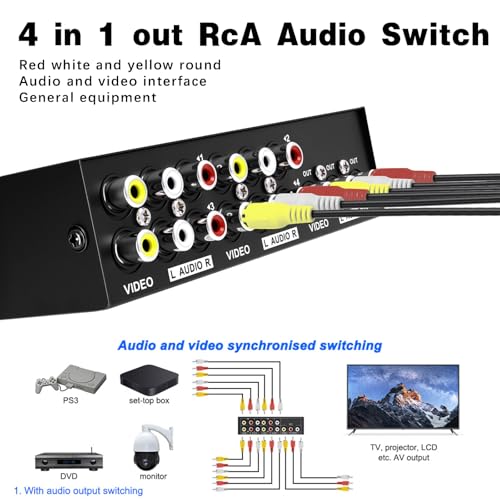 Poyiccot 4 Port Audio Receivers and Video Recivers, RCA Switcher 4 in 1 Out Composite Video L/R Audio Stereo Selector Box, Multi-Way AV Selector Switch Box for DVD, Game Consoles,Xbox, HDTV, 1Pack