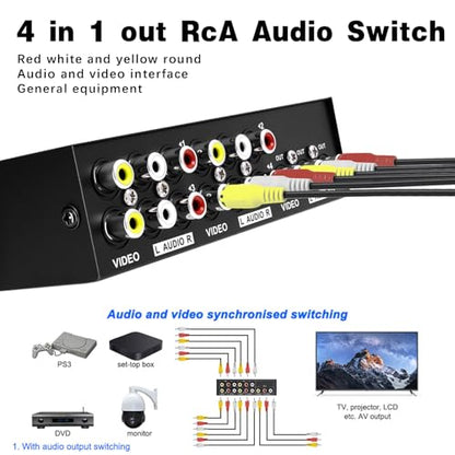 Poyiccot 4 Port Audio Receivers and Video Recivers, RCA Switcher 4 in 1 Out Composite Video L/R Audio Stereo Selector Box, Multi-Way AV Selector Switch Box for DVD, Game Consoles,Xbox, HDTV, 1Pack