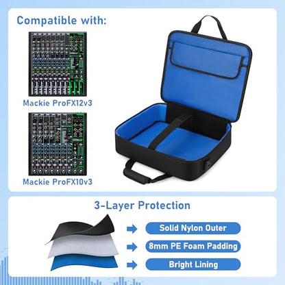 PGmoon Mixer Travel Bag Compatible with Mackie ProFX12v3/ProFX10v3 | Audio Mixer Carrying Case with Multi-Pockets for Mics, Cables and More Equipment (Patented Design)