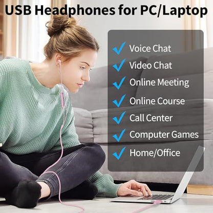 USB Headphones with Mic for Laptop PC, 7.5ft Magnetic Wired Earbuds Pink | Noise Isolation in-Ear Earphones with Mute Volume Control Stereo Bass for Dell/HP/Acer/Chromebook/Desktop/Zoom Meeting/School - color: Rose-Pink