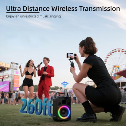 Wireless Karaoke Microphone, Dual Handheld Mic with 2.4G Dual Signal Chip, 260FT Range, 40H Rechargeable Battery, DSP Noise Cancelling, 99 Channels for Singing, Party, Church
