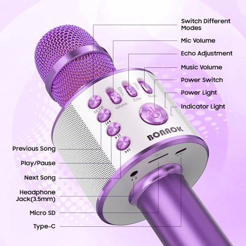 BONAOK Wireless Bluetooth Karaoke Microphone, 3-in-1 Portable Handheld Mic Speaker Machine for All Smartphones, for Girls Boys Kids Adults All Age Q37(Light Purple) - color: Light Purple