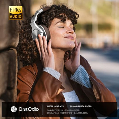 OneOdio A70 Bluetooth Over-Ear Headphones, Hi-Res Wired DJ Studio - Silver | Wireless over-ear headphones with 72H playtime, 3.5mm/6.35mm wired jacks for studio monitoring, mixing, guitar, amp and PC - color: Silver
