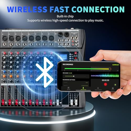 Depusheng Audio Mixer Professional 8 channel,DX8 Sound Board DJ Mixing Console System Interface USB MP3 Input Bluetooth 48V Phantom Power,Black, USB Audio Mixer for PC,for Studio Karaoke Live Music