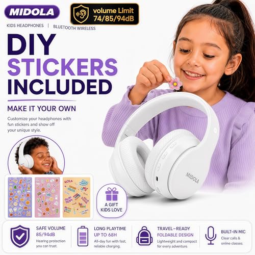 MIDOLA Kids Headphones Bluetooth 5.4 Wireless 68H Play Time Volume Limit 85/94dB Over-Ear Foldable Headset,Type-C Fast Charging, Wired Aux Mic for Toddler Child Pad Tablet White | Adjustable Headband Foldable Over-Ear Lightweight Headsets for Toddler Girl