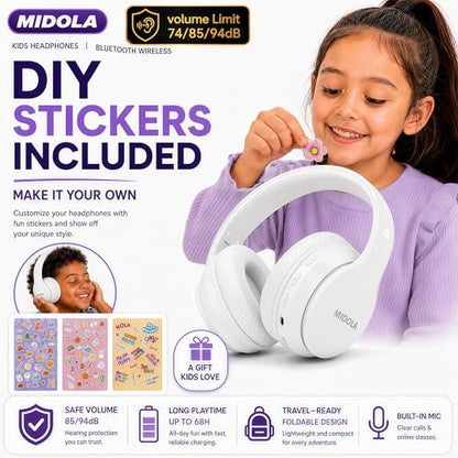 MIDOLA Kids Headphones Bluetooth 5.4 Wireless 68H Play Time Volume Limit 85/94dB Over-Ear Foldable Headset,Type-C Fast Charging, Wired Aux Mic for Toddler Child Pad Tablet White | Adjustable Headband Foldable Over-Ear Lightweight Headsets for Toddler Girl