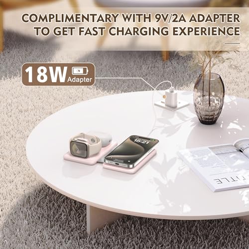 3 in 1 Wireless Charging Station for iPhone 17 16 15 14 13 12 Pro Max Plus – Foldable Magnetic Charger Pad for Apple Watch Series & AirPods – Fast Wireless Charging Dock for Travel & Home - color: Pink