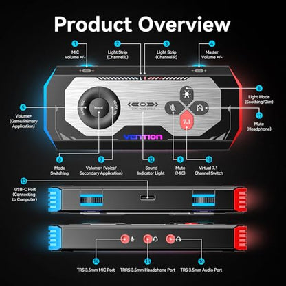 VENTION 7.1 Gaming DAC External USB Sound Card, 7.1 Virtual Surround Sound Blaster, 24bit/192KHz, RGB Light System, Gaming Audio Amplifier Compatible with PS5, PS4, Xbox, Nintendo Switch, PC, Headset