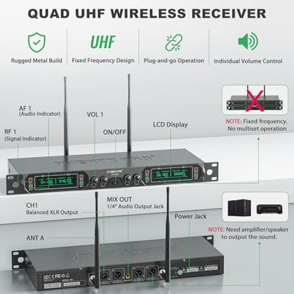 Phenyx Pro 4-Ch UHF Fixed Frequency Wireless Microphone System PTU-5000-4H | 4 Dynamic Handheld Mics, Metal Build, 260 ft Range, Singing, Church Services, Group Vocals, Small Stages