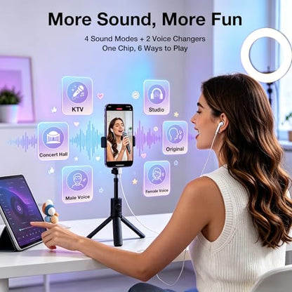 KM08 Live Streaming & Karaoke Headset with Mic, Voice Changer Sound Effects | Built-in Sound Card Voice Changer Effects, In-ear Monitoring Hear Yourself, Plug & Play Ready for TikTok YouTube Podcasting