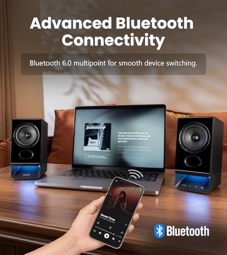 Edifier R20BT Computer Speakers, Touch Controls, AUX & USB-C Inputs, Black | 2.75" Full-Range Drivers, Bluetooth 6.0, Headphone Jack, Custom Ambient Light & Sound Profiles via APP - color: Black