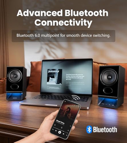 Edifier R20BT Computer Speakers, Touch Controls, AUX & USB-C Inputs, Black | 2.75" Full-Range Drivers, Bluetooth 6.0, Headphone Jack, Custom Ambient Light & Sound Profiles via APP - color: Black