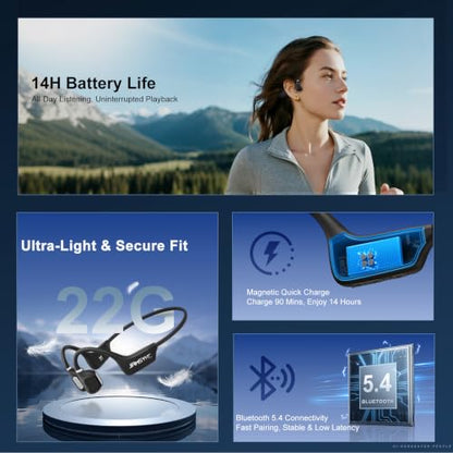 Open Ear Headphones, Bluetooth 5.4 Running Headphones with Mic, 22g Ultra Lightweight, 14H Battery & IPX5 Waterproof, Secure Fit Sports Headphones for Running Cycling Gym Walking