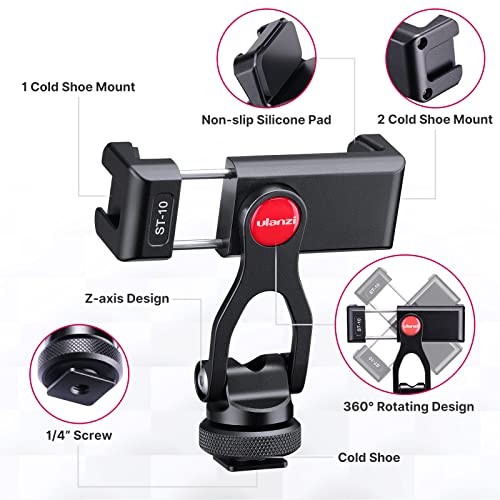 ULANZI Metal Phone Tripod Mount, Universal Cell Phone Clamp Stand Holder | 1/4" Screw& 2 Cold Shoe, Adjustable 360° Rotates for iPhone Android, ST-10 Smartphone Holder for Tripod, Mobile Photography