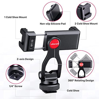ULANZI Metal Phone Tripod Mount, Universal Cell Phone Clamp Stand Holder | 1/4" Screw& 2 Cold Shoe, Adjustable 360° Rotates for iPhone Android, ST-10 Smartphone Holder for Tripod, Mobile Photography
