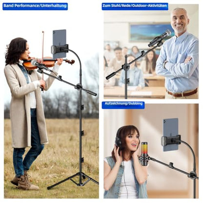 Mic Stand, 6-in-1 Microphone Stand with Floor Boom, Support Boom, Gooseneck, Mic Clips, Tablet Phone Holder, Black, Metal, Portable, Adjustable - size: Large