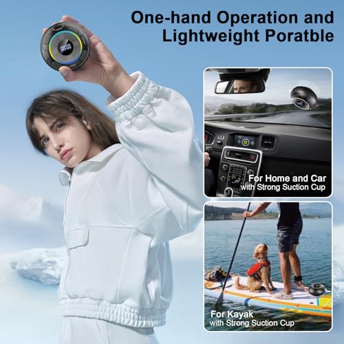 Hupoaf Bluetooth Shower Speaker, Bluetooth Speaker 5.3, 6D Sound, Portable Speaker with Suction Cup/Hook, IPX7 Waterproof, with LED Light/Time Display, for Outdoor/Party/Bathroom//Kayak/Gift