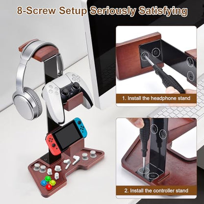 Walnut Headphone Stand, Wooden Headset Stand for Desk with Storage Base, American Black Walnut Wood Headphone Holder for Airpods Max, Bose, Razer, Sennheiser