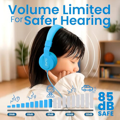 Puro Sound Labs - Kids Headphones, Volume-Limiting 85dB, PuroBasic, Blue | Wired Headphones, Comfortable Headphones for Kids, Compatible with PCs, Smartphones & Tablets, Ideal for School & Travel