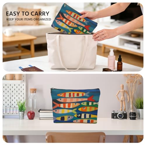 JIUWEIHU Fish Makeup Bag, Sea Animals Cosmetic Bags Travel Organizer Bag | Zipper Pouch, Birthday Fishing Lovers Friendship Gifts for Women Friend Colleague Sister Niece Mom - color: Multicolor 0065