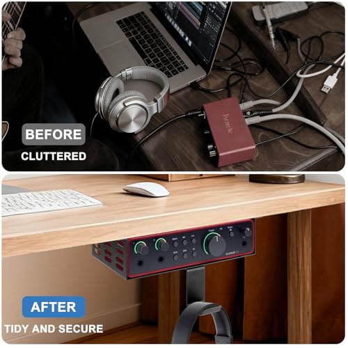 Metal Under Desk Mount for Focusrite Scarlett 2i2 4th Gen with Adjustable Headphone Hanger Stand, Metal Under Desk Mount for Audio Interfaces and Studio Gear (Only for Focusrite Scarlett 2i2 4th Gen)