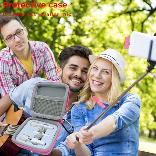 Hard Travel Carrying Mic Case Wireless Lavalier Microphone Case with 3 Slots for Wireless Lavalier Microphone Lapel clip-on Mic (Pink) - color: Pink